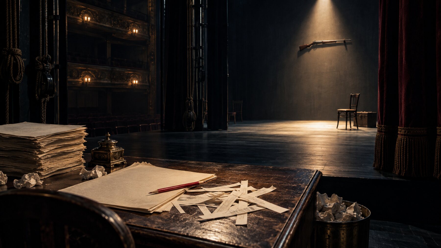 A quiet theater stage with a writer’s desk and an antique rifle mounted in the distance