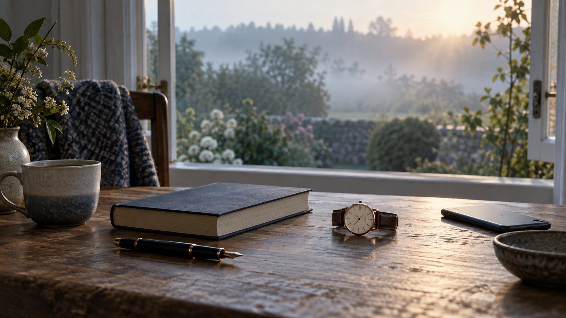 An analog watch, a closed book, a fountain pen, and a face-down phone in morning light